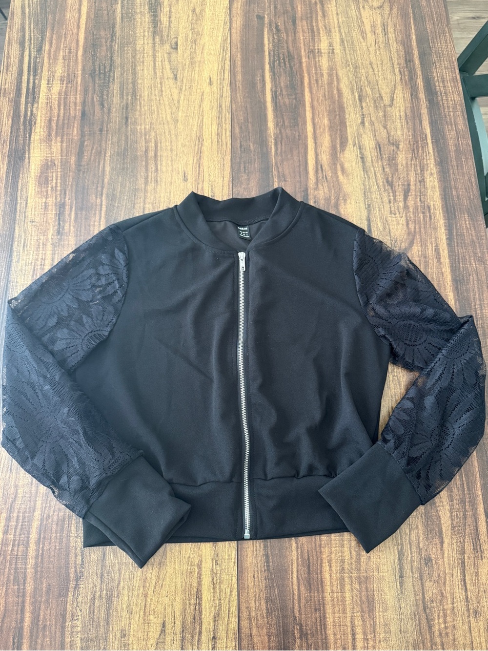 SHEIN Black Lace-Sleeve Bomber Jacket